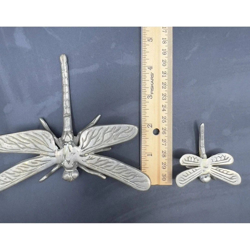 PEWTER DRAGONFLY Figurine with Baby Paperweight Garden Friends Silver ~ Set Of 2